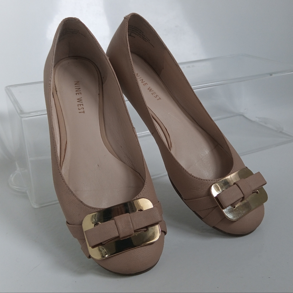 Nine West Tan Leather Ballet Flats with Gold Accent - Leather Shoes